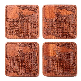 Vancouver Map Coaster by O3 Design Studio, Set Of 4, Sapele Wooden Coaster With City Map, Handmade