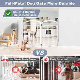 Full Metal Free Standing Dog Gate with Door for Indoor Outdoor, 48'' Extra Wide 32'' Tall Dog Gate for Doorways,Large Openings,Decks,Pet Puppy Freestanding Safety Fence(2 Panels,White)
