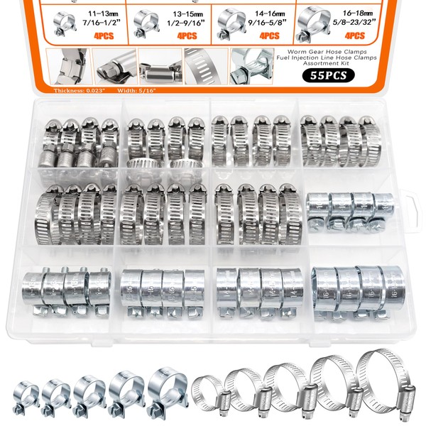 Dianrui 55PCS Hose Clamp Assortment Kit 1/4"–1-1/8" Hose Clamps Stainless