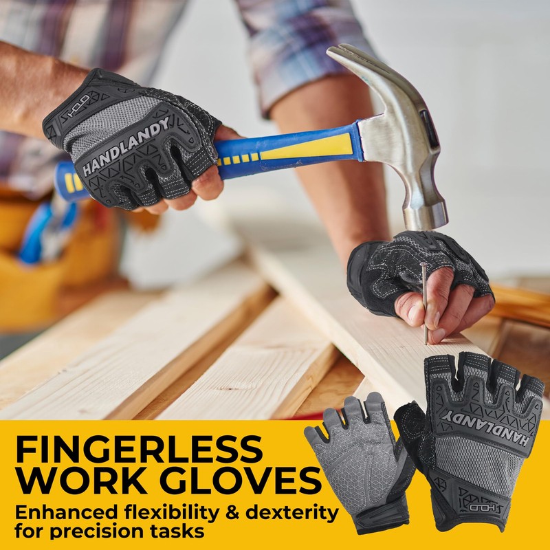 HANDLANDY Fingerless Work Gloves, Padded Work Gloves with Grip for