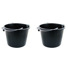 Set of 2- Black Plastic Builders Bucket 3 Gallon 14 Litre Water Mixing Storage Strong with Measuring Guide, Handle And Spout (Made in U.K)
