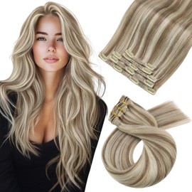 Moresoo Brown Hair Extensions Clip in Human Hair Light Brown with Platinum Blonde Highlight Clip in Hair Extensions 16 Inch Clip in Extensions 7 Pieces/120g #9A/60