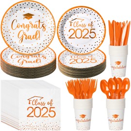 350pcs Class of 2025 Graduation Plates and Napkins Set, Disposable Paper Plate Set Polka Dots Napkins Cups Knife Fork Spoon for Graduation Party Decorations and Supplies,Serve 50 (White Orange)