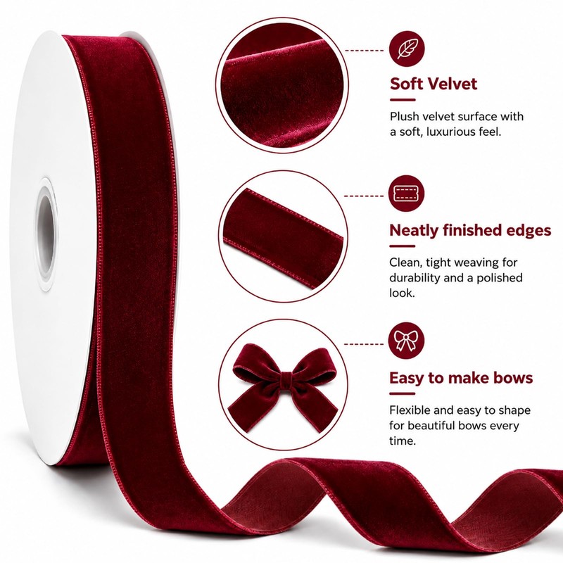G2PLUS 25mm Burgundy Christmas Velvet Ribbon for Gift Wrapping: 25