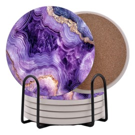 Purple Agate Marble Round Coasters Set of 6 - Abosrbent Ceramic Coasters with Metal Stand for Drinks, Coffee, Non-Slip Cork Back for Tabletop Protection, 4 Inches Marbled Pattern (Amethyst)