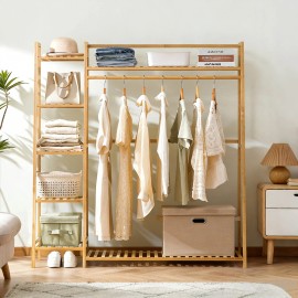 Bamboo Modern Free Standing Garment Rack with Shoe Rack Multi-tiered Wardrobe Storage Shelves for Bedroom Living Room & Entrywaycolor: Natural, size: Natural