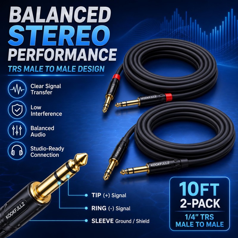 KOOKFJLLZ 1/4 Inch TRS Cable 10FT 2-Pack, 6.35mm Balanced OFC