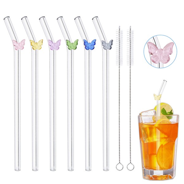 Glass Straws, Pack of 6 Transparent Glass Straws, Long, Butterfly