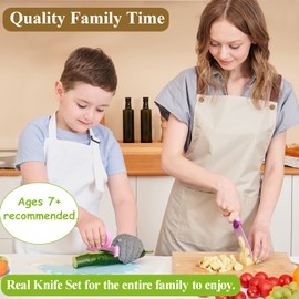 Kibbidea Kids Knife Set for Real Cooking, 4-Piece Stainless Steel Kids Chef's Knives with Peeler, Finger Guard, Protective Glove for Cutting Peeling, Kitchen Knives for Teenager 8-12 (Purple)