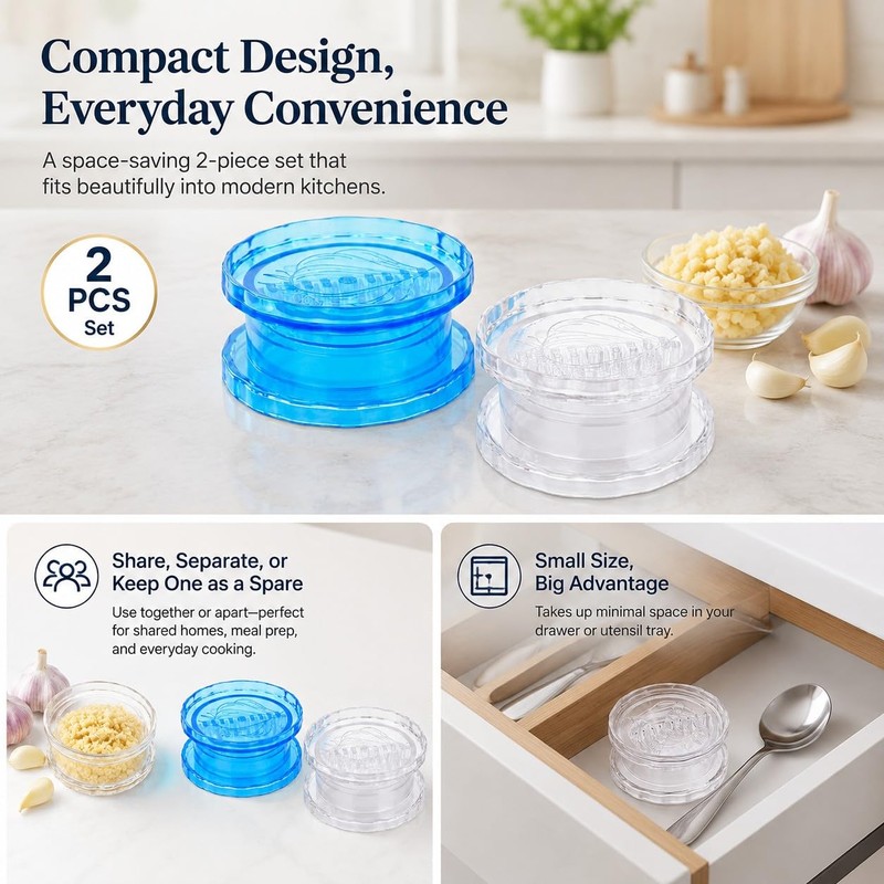 Manual Garlic Twister 2 Pcs, Clear Blue Garlic Mincer &
