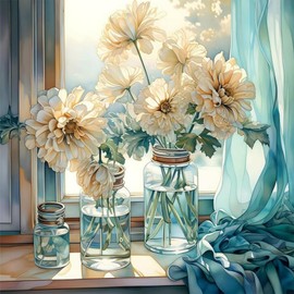 MAXBYE Flowers by Window Diamond Painting Kits for Adults, 5D DIY Diamond Art Kits Full Drill Diamond Dots, Diamond Painting Gem Arts Kit for Wall Decor 12x12inch