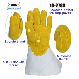 Weldas® STEERSOtuff® premium reverse grain cowhide leather welding gloves, Traditional Clute cut and Bell cuff, 10-2780L, Buck tanned (sand) (Large)