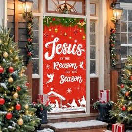 MEHOFOND Christmas Decoration Outdoor Christmas Religious Door Cover Jesus is The Reason for The Season Xmas Door Banner Christmas Nativity Banner for Winter Xmas Church Photo Booth Props 35.4x70.8 Inch