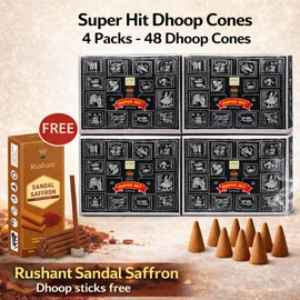 Satya Superhit Dhoop Cones with Stand, 4 Packs x 12 (48 Cones Total) + Rushant Sandal Saffron Dhoop Sticks (10) – Incense Set for Relaxation & Meditation