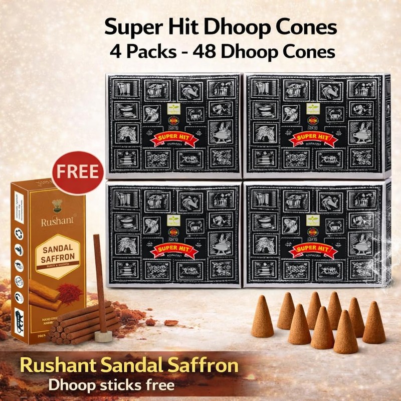 Satya Superhit Dhoop Cones with Stand, 4 Packs x 12