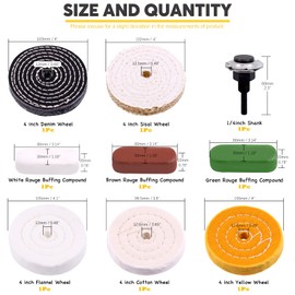 Mardatt 9pcs 4'' Buffing Polishing Wheels Set Including Yellow(36Ply)/White(50Ply)/ Flannel(30Ply)/ Denim/Sisal Wheel with 1/2" Arbor Hole 3pcs Compound and 1/4" Handle for Polishing