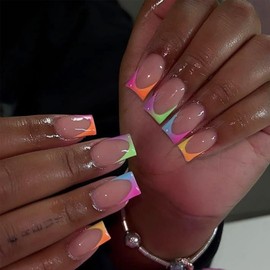 24Pcs Square Press on Nails Short French Tip Fake Nails Summer Glue on Nails with Designs Colorful Nail Tips Full Cover Acrylic Nails Nude Glossy False Nails Natural Stick on Nails for Women Girls