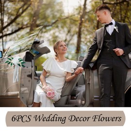 6Pack Wedding Car Door Handle Flowers with Suction Cups – Artificial Silk Floral Decorations with White Satin Bows for Bridal Shower, Just Married Decor, Vintage or Modern Cars