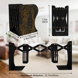 Dragon Bookends, Adjustable Bookends, Unique Book Holders for Shelves, Metal Book Ends for Heavy Books, Non-Skid Book Stander for Desk, Shelf, Office, Stationery Gift (Black)