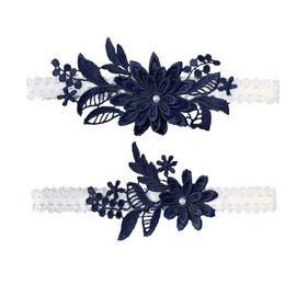 Pretishows - Juego de ligas de boda de encaje para novia, liga floral elástica para novia, azul y blanco, #2-azul marino, L(21.5"-27.5")