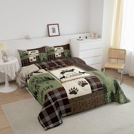 Manfei Adventure Comforter Set King Size, Wild Deer Bear Tree Plaid Wooden Patckwork Down Comforter with 2 Pillowcases, Rustic Farmhouse Bedding Set 3pcs for Kids Boys Lightweight Duvet Insert