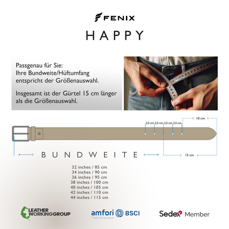 Fenix Men's Belt, Adjustable Leather Belt, Happy Size 85 cm
