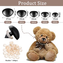 NATOSU 25 Pack Plastic Safety Noses for Animals, Dolls in 5 Sizes, Black Safety Noses with Washers for Puppets, Plush Toys, DIY Crafts