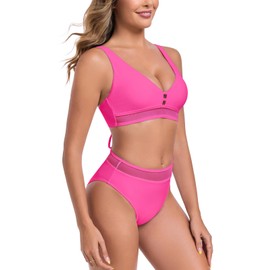 Colloyes Women's Deep V Neck Cutout Front Mesh Splicing Bikini Sets High Cut High Waisted Bottom Two Piece Swimsuit for Women Hot Pink Size X-Large