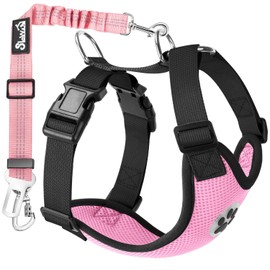 Eyein Dog Harness with Seat Belt for Car, 2 Carabiner Hooks - Connected to Seat Belt Buckle, Children's Safety Seat or Trunk, Adjustable Breathable Harness (Pink, L)