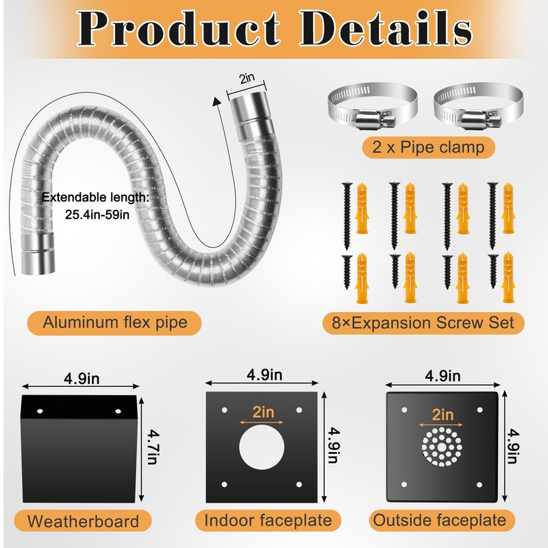 Zhaoyao Pellet Stove Pipe Kit, 2" x 59" Aluminum Flex