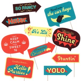 Sweet 16 Photo Booth Props - 16th Birthday Themed Party Decorations - Sixteen Bday Party Funny Photography Supplies - Selfie Props with Sticks - 10pcs