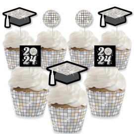 Big Dot of Happiness Disco Grad - Cupcake Decoration - 2024 Groovy Graduation Party Cupcake Wrappers and Treat Picks Kit - Set of 24