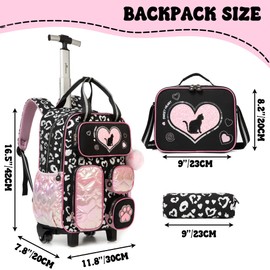MYHSBYO Cute Cat Rolling Backpack with Wheels for Elementary Kindergarten Students Kids Travel Luggage Black Carry on Backpack for Girls Ages 6-8