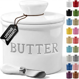 Priority Chef Butter Crock with Lid with Water Line, Ceramic French Butter Dish to Leave On Counter, White
