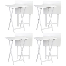 PJ Wood Conventional Solid and Sturdy Wood Construction Portable Folding TV Snack Tray Table Desk Serving Stand, White (8-Piece Set)