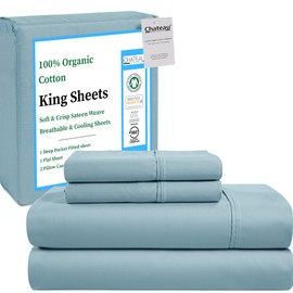 CHATEAU HOME COLLECTION King Size Sheets Set – 100% Organic Cotton King Bed Sheets, Deep Pocket Fitted Sheet, Cooling & Breathable, Sateen Weave, French Blue, Fits Upto 17" Mattress