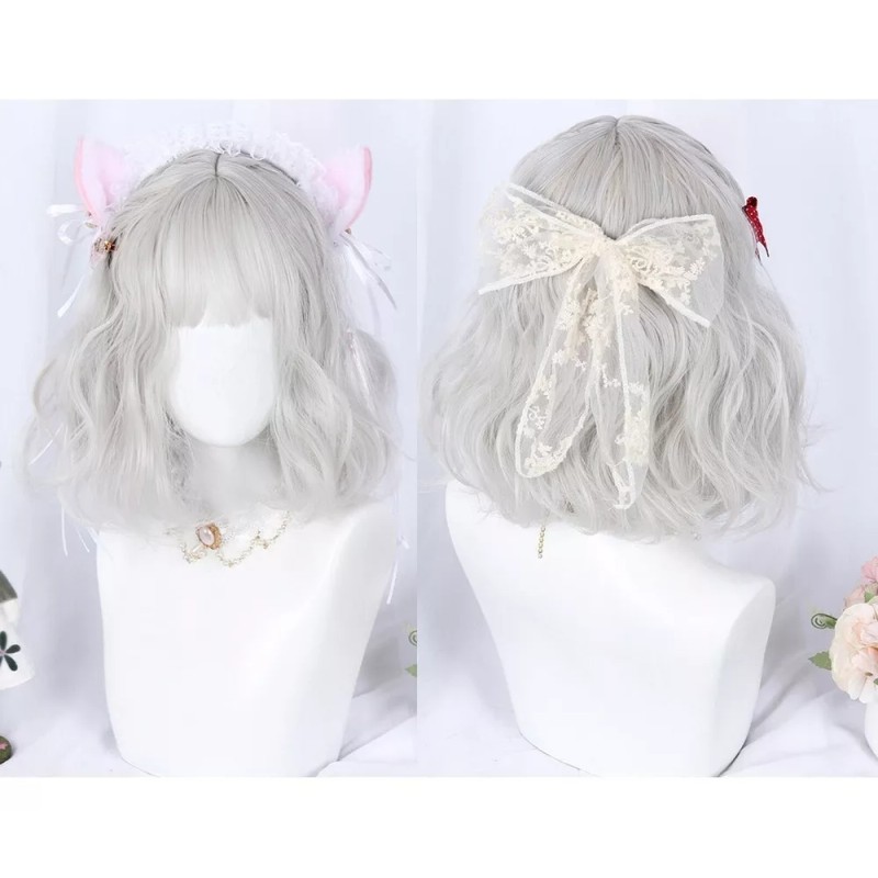 Generic 2025 Peluca Corto Rizada Con Lazo For Lolita Plateada