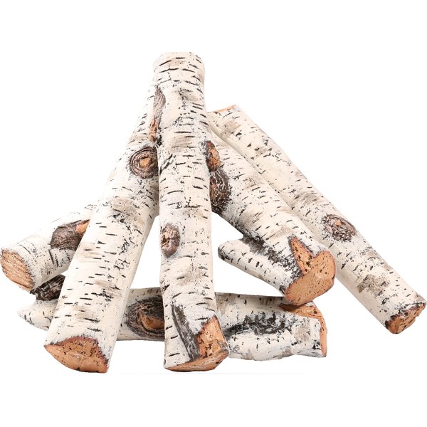 Utheer Gas Fireplace Logs Set Ceramic White Birch Log for Gas Fireplace, Outdoor Firebowl, Electric Gas Fireplaces, Vented, Linear Fire Pits Ceramic Fiber Fake Wood Logs, Large Birch Logs 6pcs
