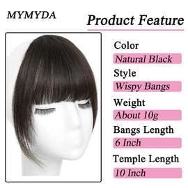 MYMYDA Clip in Bangs 100% Real Human Hair Extensions Clip on Wispy Bangs for Women Fringe with Temples Hairpieces Natural Black