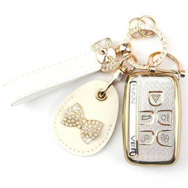 Rayslesan Key Fob Cover with Leather Holder Compatible with Airtag/RFID,Compatible with Land Rover LR2 LR4 Range Rover Discovery Jaguar XJ XF,RFID Protector,Car Key Accessories(5-Button, Gold White)