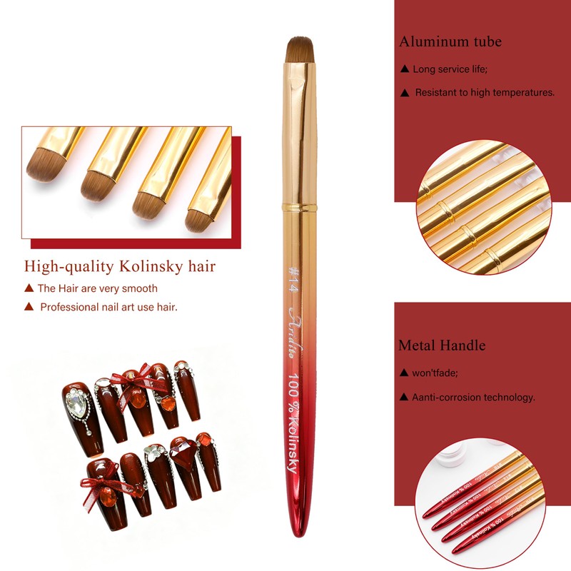 Pure Kolinsky French Nail Brush with Metal Handle (Red-Gold, 14#)
