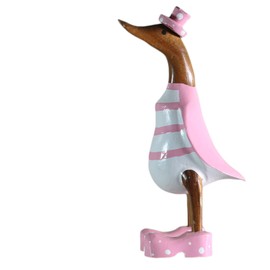 ART-CRAFT Wooden Duck Running Duck Garden Decoration Figure Made of Bamboo Root and Teak Wood Ringed Pink Hand-Painted 25 cm High