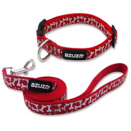azuza Dog Collar and Leash Set, Adjustable Nylon Collar with Matching Leash for Large Dogs, Foil Printing Dog Bone Pattern, Red