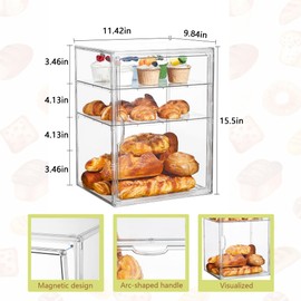 SANKEU Pastry Display Case,Bread Box for Kitchen Countertop,4 Layers Detachable Clear Bread Storage with Magnetic Door Bakery Pastry Display15.5x11.4x9.8,2 Pack