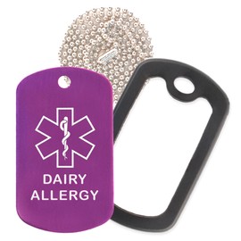 Dairy Allergy Medical Alert ID Necklace with Purple Tag, Black Silencer, and 30'' USA Chain - 154 Color Choices