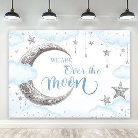 Riyidecor We are Over The Moon Backdrop Baby Shower 7Wx5H Feet Polyester Fabric Blue Shinning Stars Silver Dots Clouds Photography Background for Kids Children Table Decor Banner Studio Photo Shoot