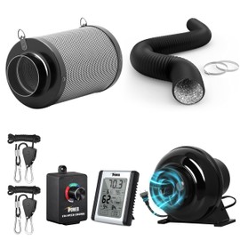 HealSmart 4 Inch 195 CFM Inline Duct Fan Vent Booster Blower with Controller, Air Carbon Filter with Hook, 8FT PVC Ducting, Temperature Humidity Monitor and Rope Hanger for Grow Tent, Greenhouse