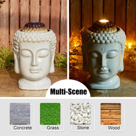 Glitzhome Zen-Style Buddha Head Fountain Textured Glaze Ceramic Outdoor Decoration with Pump, 18.75" H, Sand Beige