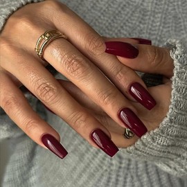 Burgundy Press on Nails Long Square, KXAMELIE Medium Coffin Nails Press ons Long Glue on Nails Natural Thick Fake Long Nails Acrylic Nails Reusable 24 Fake Nails Solid Color False Nails for Women