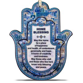 TALISMAN4U Hamsa Wall Decor Home Blessing Jerusalem Blue Oriental Design Evil Eye Protection Hamsa Hand Amulet Wall Art Hanging Ornament (English Blessing), 49307